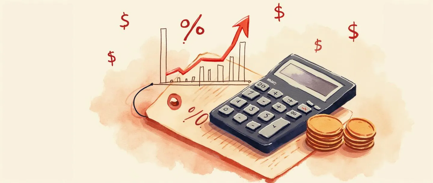 Uma pintura digital em aquarela de uma calculadora sobre uma etiqueta de preço, com símbolos de porcentagem e cifrões flutuando acima. Um pequeno gráfico com tendência ascendente se conecta a uma pilha de moedas. Composição simples com cores quentes destacando o conceito de cálculo de markup.