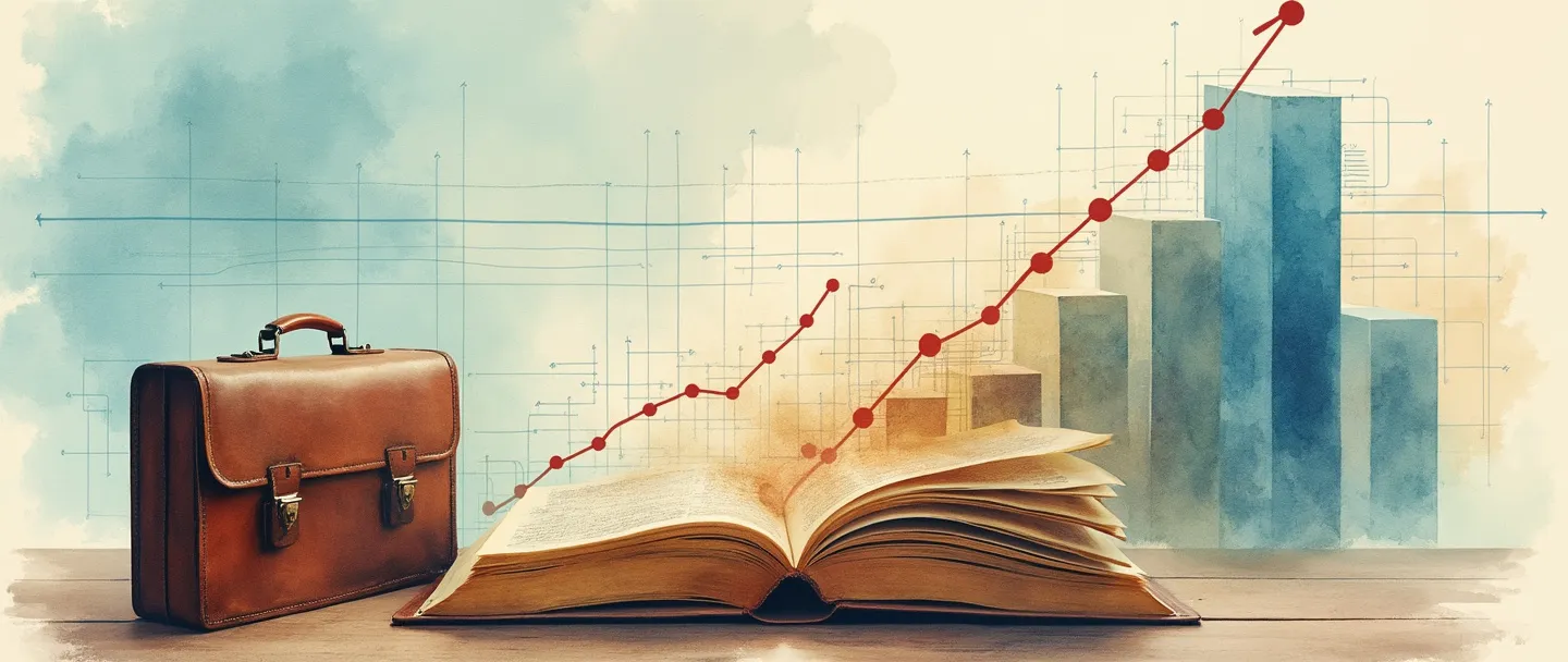 Uma pintura digital em aquarela de um livro aberto com páginas se transformando em gráficos de linha do tempo e gráficos ascendentes. Uma pasta executiva vintage está próxima com documentos históricos fluindo para fora, conectando-se a um edifício de escritórios moderno no fundo. Composição simples com tons sépia quentes transitando para azuis vibrantes, representando a evolução da história dos negócios.