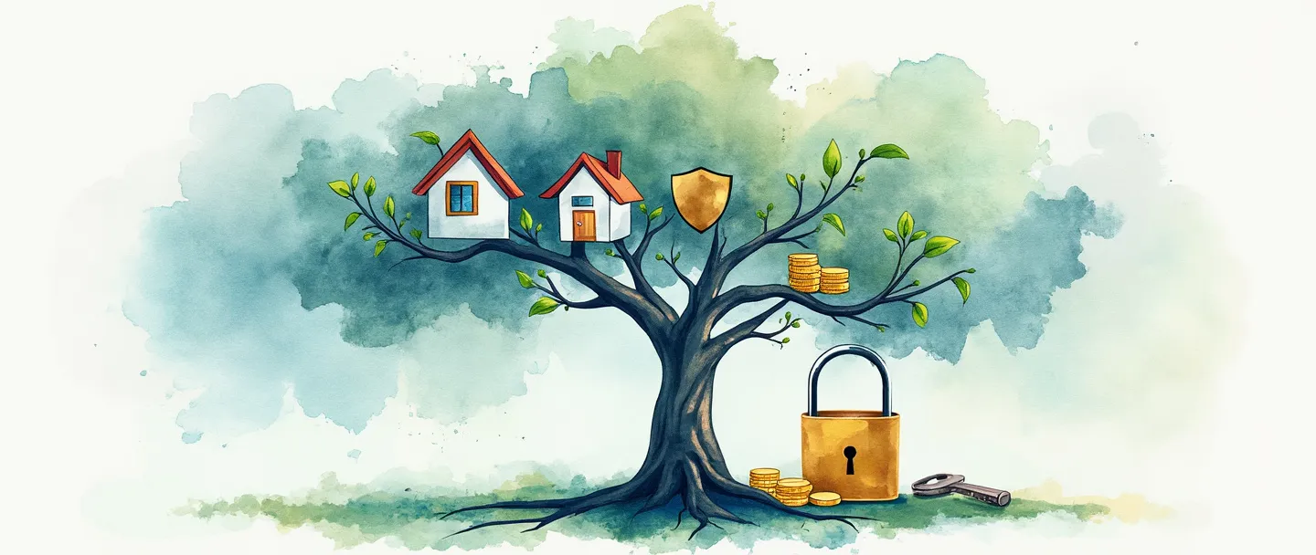 Uma pintura digital em aquarela de uma árvore genealógica com galhos sustentando diversos ativos: uma pequena casa, moedas de ouro e uma pasta de investimentos. Protegida por um escudo simples, com uma chave próxima simbolizando acesso e segurança. Pinceladas elegantes em tons de azul e verde criam uma sensação de estabilidade e preservação de riqueza.
