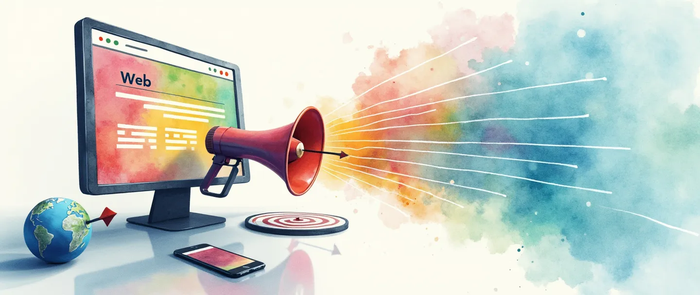 Uma pintura digital em aquarela de uma tela de computador exibindo uma página web colorida, com um megafone emitindo ondas vibrantes que se conectam a um smartphone, globo e alvo com uma flecha acertando o centro. Composição simples com conexões digitais fluidas representadas por suaves pinceladas de aquarela.