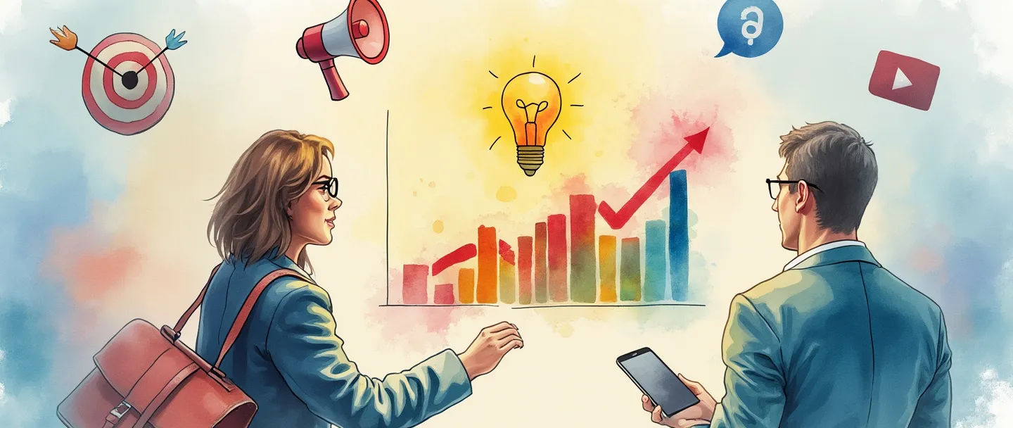 Uma pintura digital em aquarela de um consultor de marketing com uma pasta apresentando um gráfico colorido para um cliente. Uma lâmpada brilha acima deles, cercada por ícones simples de marketing como um alvo, megafone e smartphone. A cena transmite crescimento estratégico e colaboração empresarial em tons de aquarela vibrantes, porém suaves.