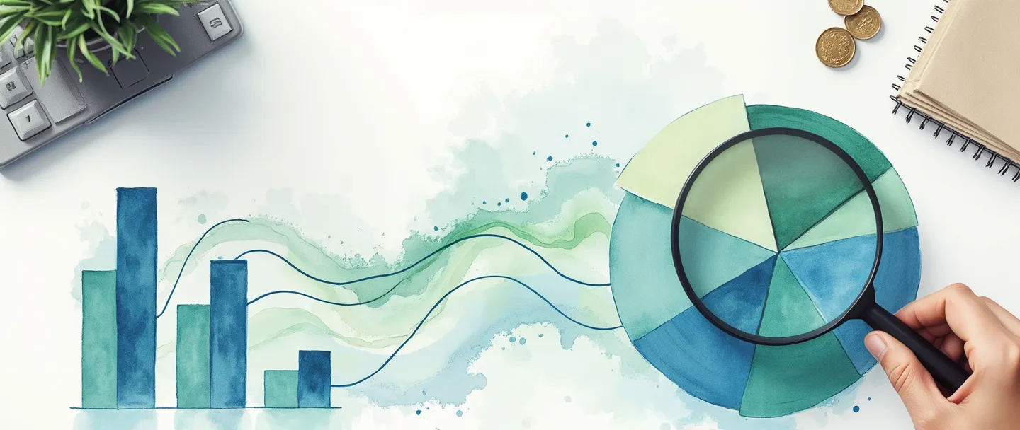 Uma pintura digital em aquarela de um gráfico de pizza simplificado com segmentos variáveis fluidos em tons de azul e verde, com uma pequena calculadora e moedas espalhadas ao lado. Uma mão segura uma lupa examinando as flutuações de custo representadas por suaves padrões de ondas. Fundo limpo com elementos mínimos, com foco em negócios, porém artístico.