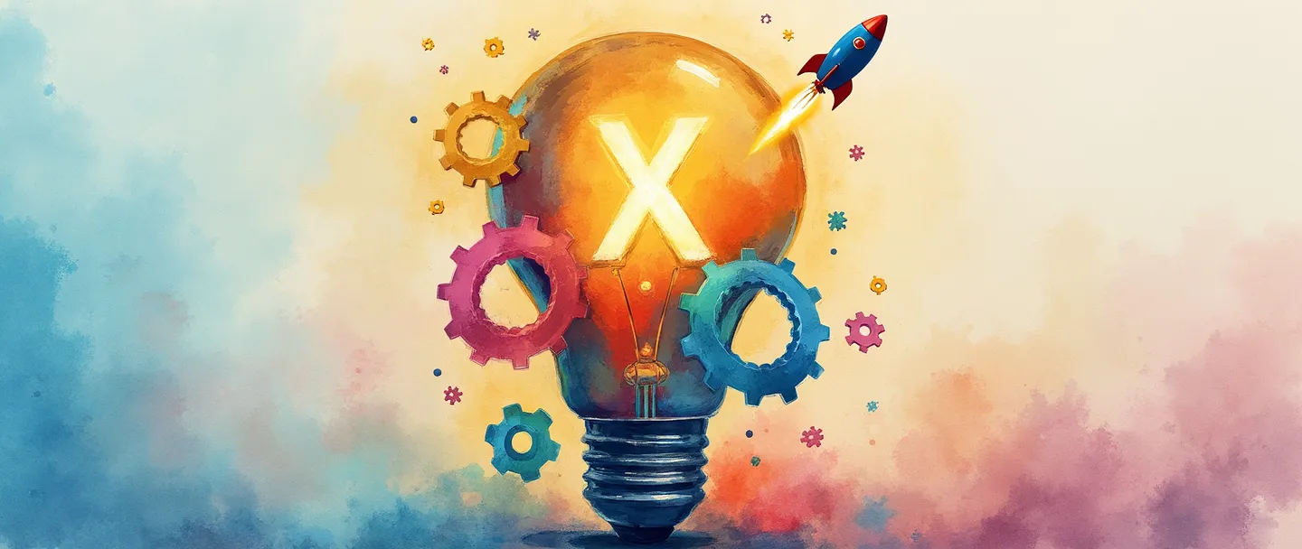 Uma pintura digital em aquarela de uma lâmpada brilhante com um símbolo "X" dentro dela, cercada por engrenagens coloridas e peças de quebra-cabeça. Um pequeno foguete é lançado para cima a partir da lâmpada, deixando um rastro de energia inovadora. Composição simples com cores vibrantes em um fundo limpo.