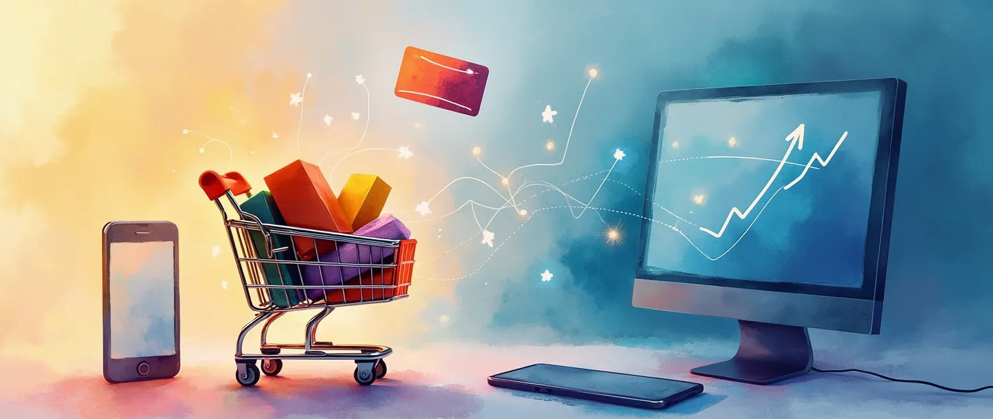 Uma pintura digital em aquarela de um carrinho de compras cheio de pacotes coloridos, conectado por linhas brilhantes a um computador e smartphone. Um cartão de crédito flutua acima, com um gráfico simples mostrando progresso ascendente. Cores limpas e vibrantes com uma sensação moderna de e-commerce.