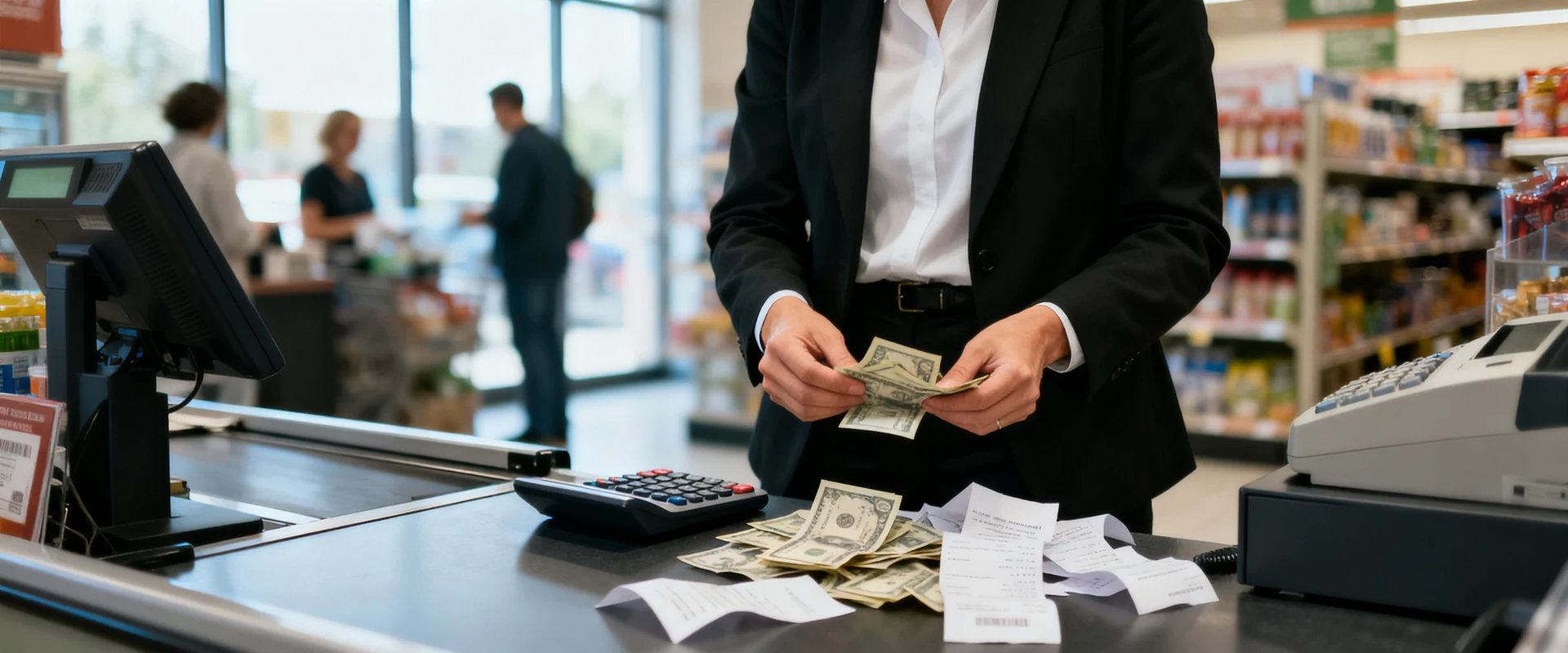 Gerente de loja contando dinheiro do caixa registradora com calculadora e recibos, verificando discrepância financeira. Fotografia editorial ultra-realista capturando momento autêntico no balcão de checkout com detalhes nítidos e iluminação natural.