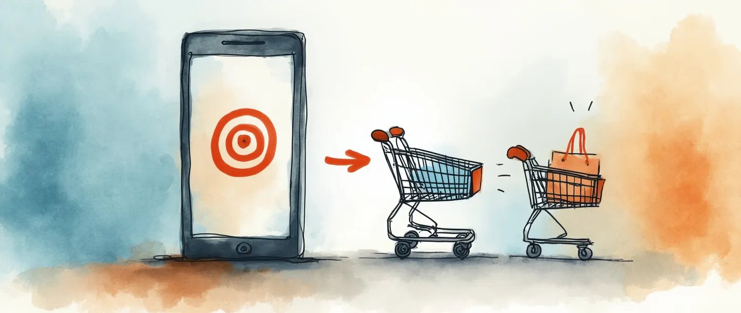 Uma pintura digital em aquarela de um smartphone exibindo um cliente retornando a um site, com um símbolo sutil de alvo conectando-os. Um carrinho de compras aparece duas vezes - uma vez abandonado, uma vez completo - com uma seta suave mostrando a jornada de volta. Composição simples com tons suaves de azul e laranja, transmitindo o conceito de remarketing.