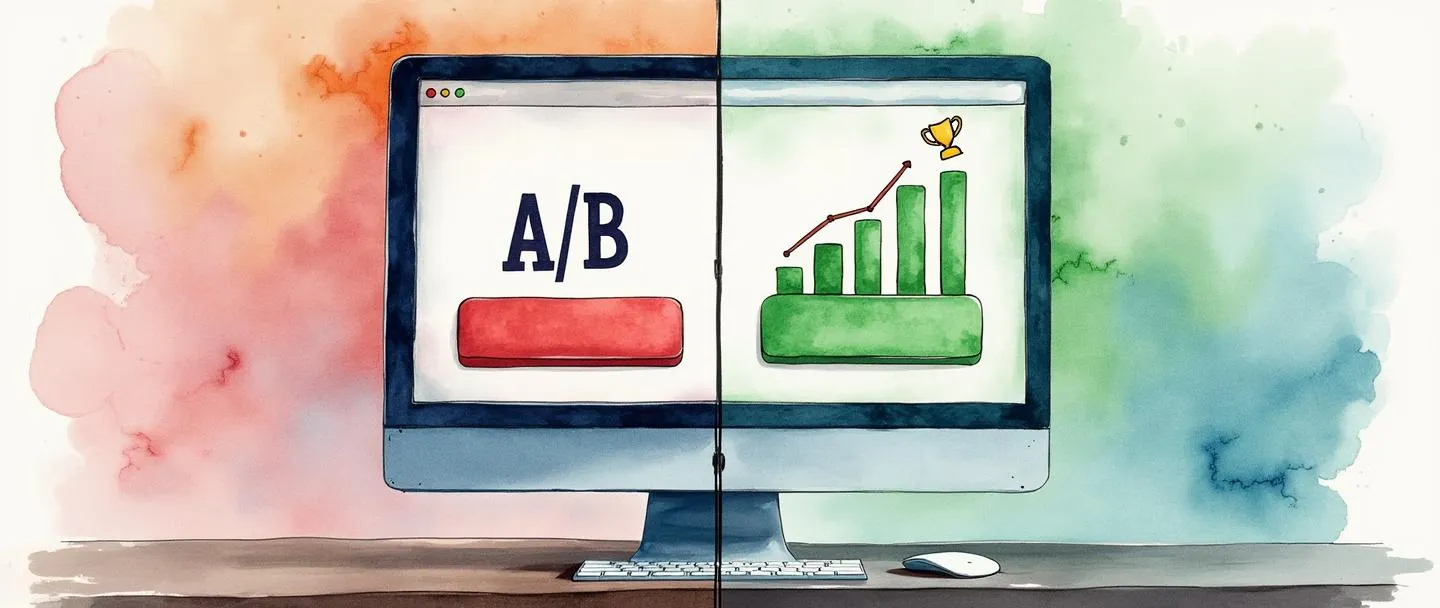 Uma pintura digital em aquarela de uma tela dividida A/B mostrando duas versões de uma página da web em um computador. De um lado, um botão vermelho com menos cliques, do outro lado um botão verde com mais cliques. Um gráfico de barras simples se eleva mais alto no lado verde, com um pequeno ícone de troféu acima dele. Cores limpas e vibrantes com uma sensação profissional de marketing.