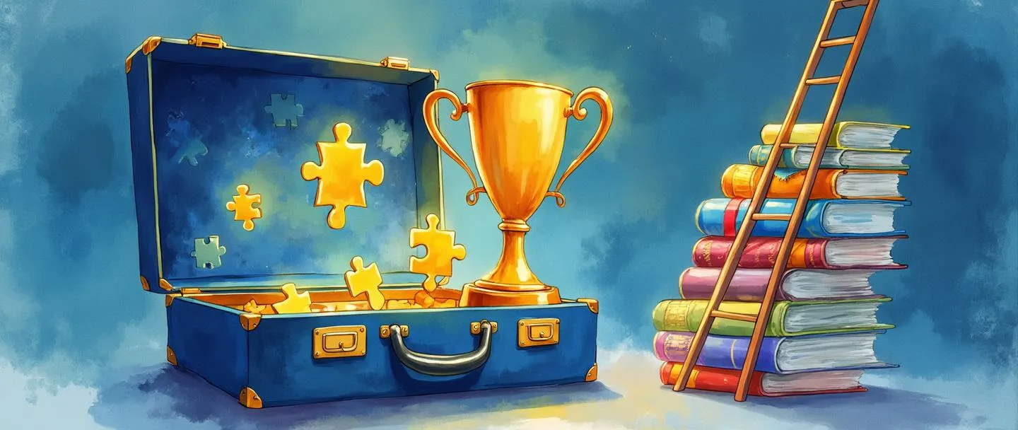 Uma pintura digital em aquarela de uma pasta executiva aberta contendo peças de quebra-cabeça brilhantes e um troféu. Ao lado, uma escada leva a uma coleção de certificados de habilidades com fitas coloridas. Composição simples com vibrantes tons de azul e dourado, representando competências profissionais organizadas.