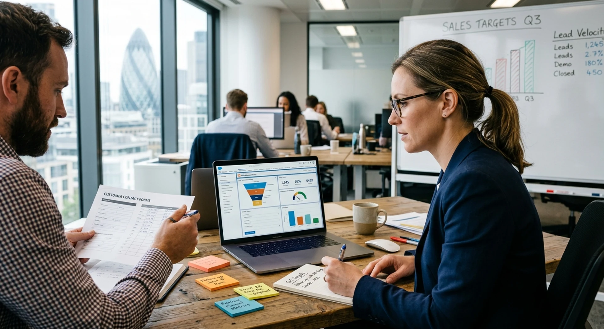 Lead: entenda o que é e por que é importante para aumentar suas vendas Fotografia editorial ultra-realista de equipe de vendas profissional analisando formulários de contato e dados de prospects em laptop, com foco nítido em funil de geração de leads na tela do computador em escritório moderno, capturada com Canon EOS R5 e luz natural.