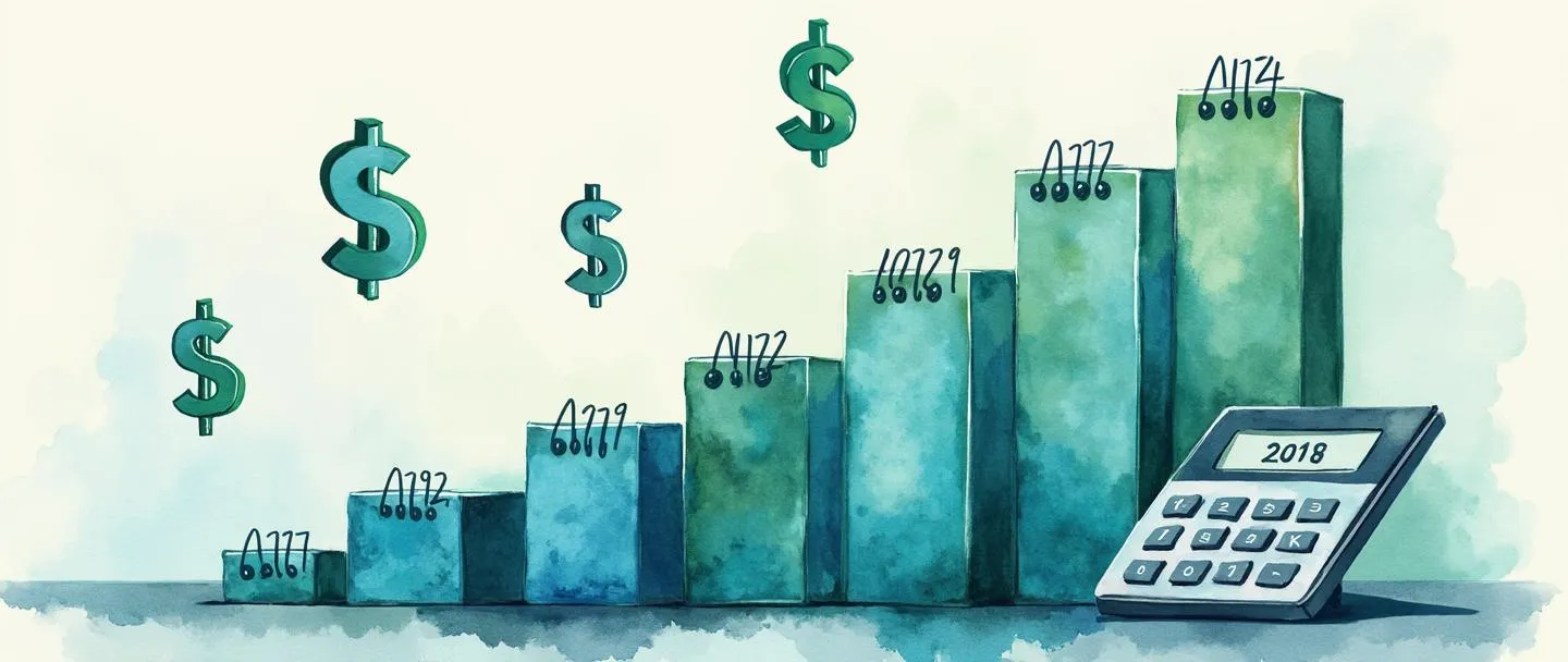 Uma pintura digital em aquarela de um calendário se transformando em um gráfico de barras que sobe de janeiro até a data atual. Símbolos de dinheiro flutuam sobre os meses concluídos, com uma calculadora próxima. Composição simples com tons de azul e verde, transmitindo progresso financeiro ao longo do tempo.