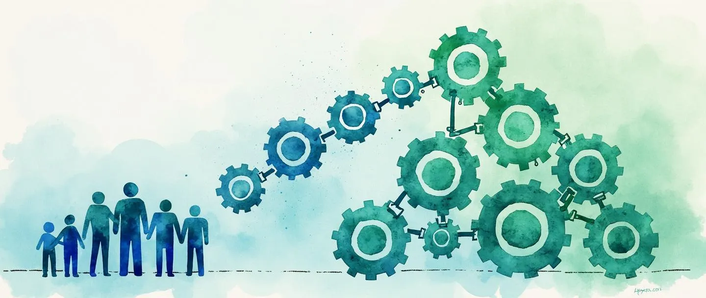Uma pintura digital em aquarela de um organograma se transformando em uma nova estrutura, com engrenagens conectando diferentes posições. Figuras de pessoas estão sendo reorganizadas de uma pirâmide rígida para um padrão de rede mais flexível. Composição simples com tons de azul e verde, mostrando transformação e melhoria.