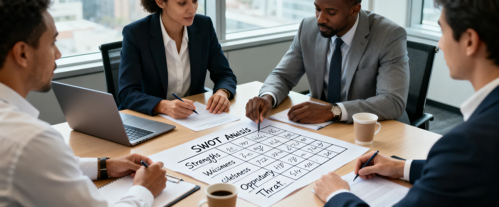 Equipe de vendas diversificada colaborando em reunião de negócios moderna, analisando matriz SWOT com documentos impressos e anotações manuscritas sobre mesa de conferência, fotografia editorial profissional em alta resolução com iluminação natural.