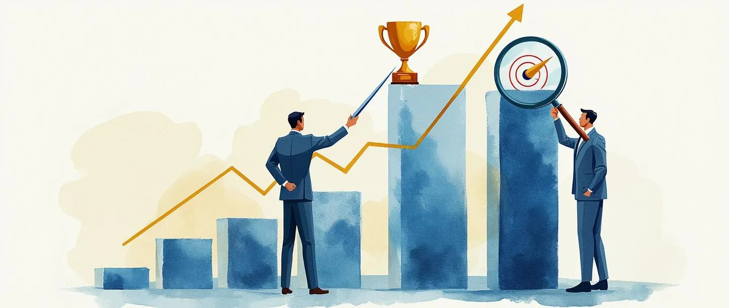 Uma pintura digital em aquarela de uma pessoa de negócios comparando dois gráficos de barras lado a lado, com um gráfico destacado por um troféu e um símbolo de alvo. Uma bússola aponta para o gráfico mais alto enquanto uma lupa examina os dados competitivos. Composição simples com tons de azul e dourado transmitindo análise e vantagem estratégica.