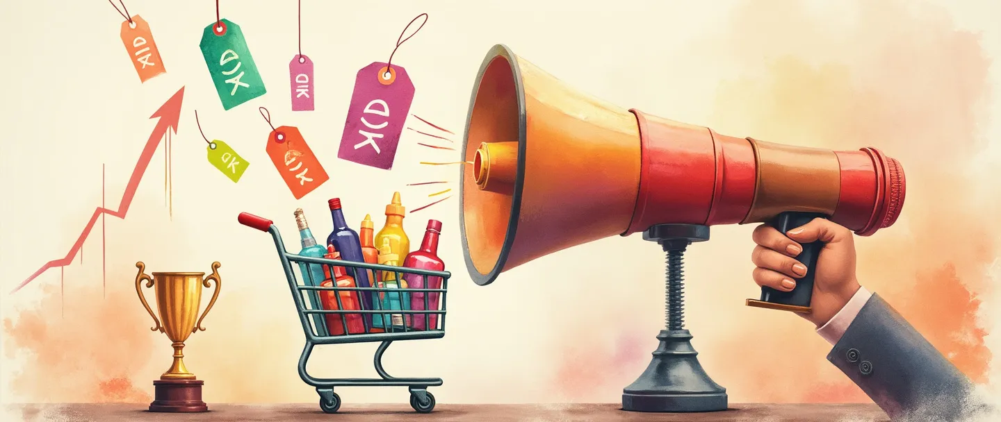 Uma pintura digital em aquarela de um megafone anunciando etiquetas de preço coloridas e símbolos de desconto, com um carrinho de compras cheio de produtos vibrantes abaixo. Um gráfico simples com tendência ascendente e um pequeno troféu ao fundo representam sucesso. Cores quentes e convidativas com uma atmosfera limpa e promocional.