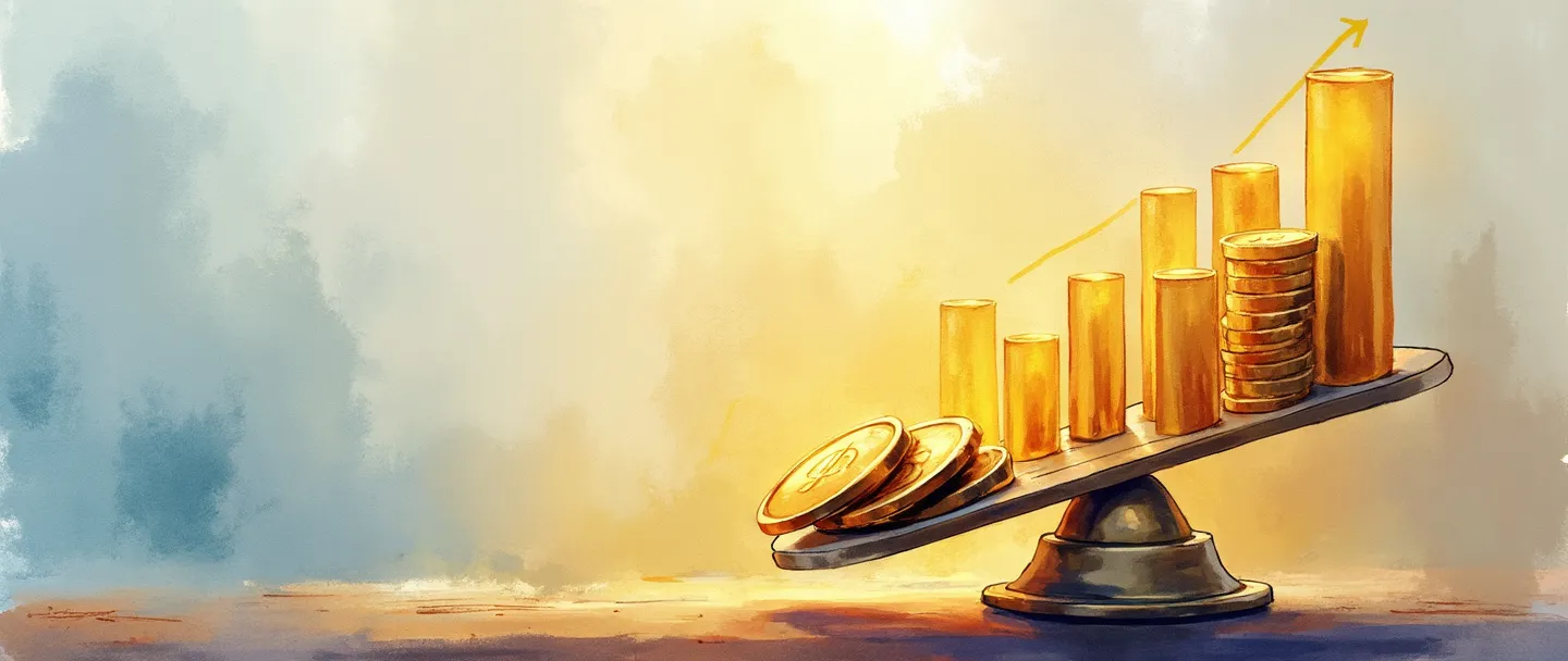 Uma pintura digital em aquarela de uma balança pesando moedas de ouro contra um portfólio de ativos. Um gráfico de barras brilhante se eleva atrás deles, mostrando crescimento ascendente. Composição simples com tons dourados quentes contrastando com azuis frios, transmitindo avaliação de valor financeiro.