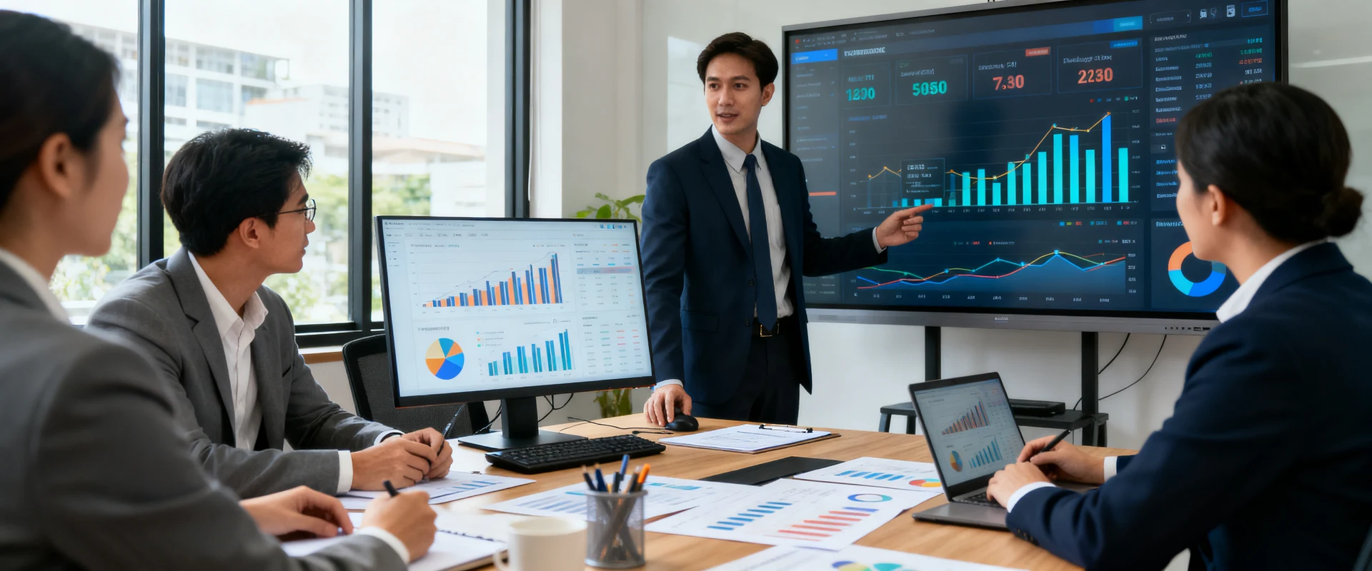 Gestão por indicadores: como aplicar na empresa Equipe de negócios analisando métricas de desempenho e dashboards de KPI em sala de reunião moderna. Fotografia editorial ultra-realista com pessoas reais, luz natural e detalhes nítidos em alta resolução.