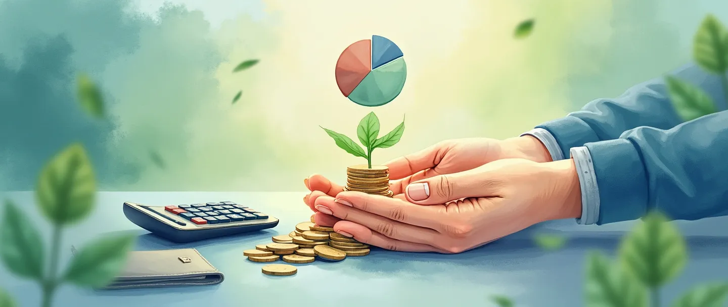 Uma pintura digital em aquarela de mãos equilibrando uma pilha de moedas ao lado de uma planta crescendo com folhas de dinheiro. Um simples gráfico de pizza flutua acima, com uma calculadora e uma pequena carteira próximas. Composição limpa com tons suaves de azul e verde, representando gestão financeira e crescimento.