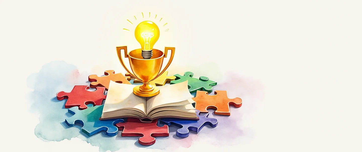 Uma pintura digital em aquarela de um troféu dourado cercado por peças de quebra-cabeça coloridas formando um círculo completo. Uma lâmpada brilhante flutua acima do troféu, iluminando um livro aberto abaixo. Composição simples com cores vibrantes contra um fundo branco suave.