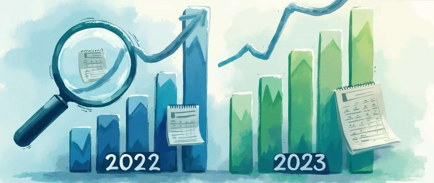 Uma pintura digital em aquarela de dois gráficos de barras lado a lado, um marcado como "2022" e outro como "2023", com uma seta curva conectando-os. Uma lupa paira acima, revelando padrões de crescimento. Páginas de calendário flutuam entre os gráficos. Composição simples, analítica mas acessível, com tons suaves de azul e verde.