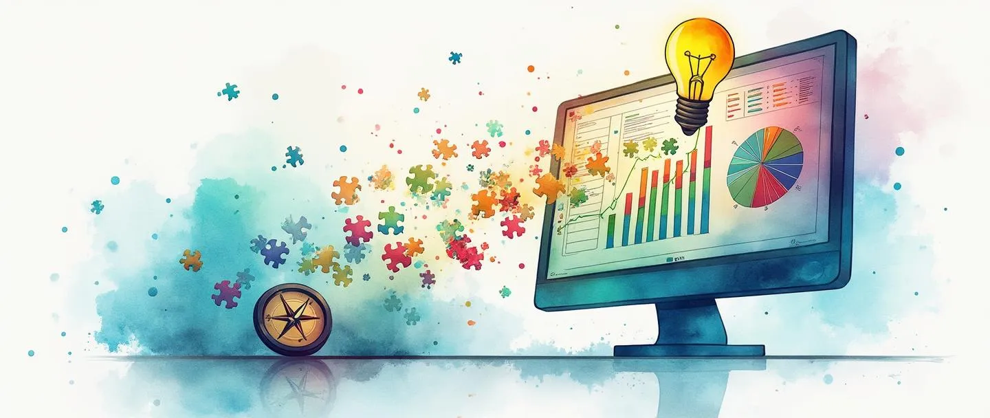 Uma pintura digital em aquarela de um computador exibindo visualizações de dados coloridas com peças de quebra-cabeça fluindo para gráficos organizados. Uma bússola guia o fluxo de informações enquanto uma lâmpada ilumina a conexão entre pontos de dados dispersos e insights estruturados. Composição simples com tons vibrantes de azul e verde contra um fundo limpo.