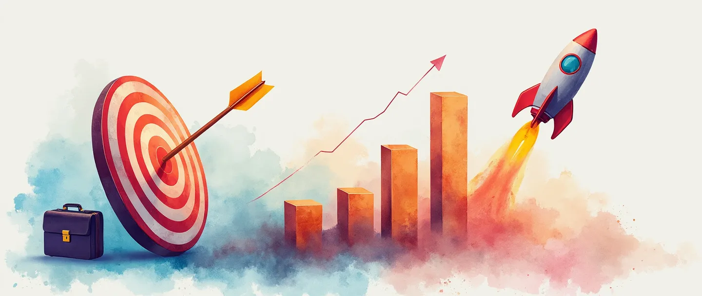 Uma pintura digital em aquarela de um alvo com uma flecha dourada acertando o centro, cercada por algumas barras de gráfico ascendentes. Um pequeno foguete decola para cima nas proximidades, enquanto uma pasta simples repousa na base. Vibrante, porém minimalista, transmitindo metas de mercado e crescimento empresarial.