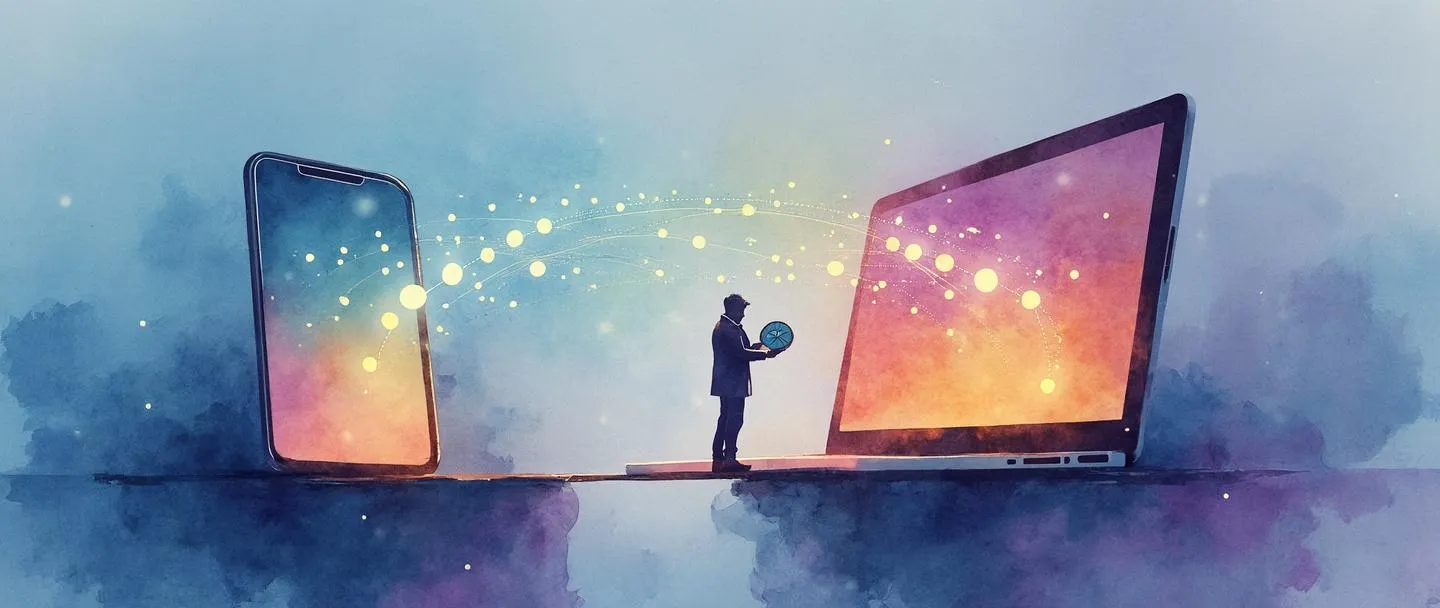 Uma pintura digital em aquarela de um smartphone se transformando em um computador com conexões brilhantes entre eles. Uma pessoa está em pé em uma ponte entre os dois dispositivos, segurando uma bússola. Fundo com gradiente simples em tons suaves de azul e roxo. Linhas limpas, detalhes mínimos, representando uma zona de adaptação digital.