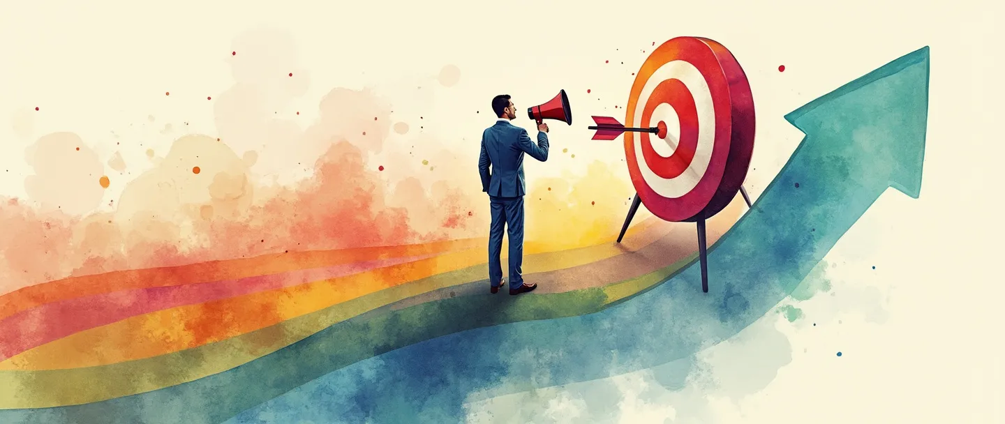 Uma pintura digital em aquarela de uma pessoa em trajes executivos segurando um megafone em uma mão e uma bússola na outra, em pé no centro de um gráfico de marketing colorido. Atrás dela, um alvo com uma flecha acertando o centro. Composição simples com cores vibrantes transmitindo liderança e direção estratégica.