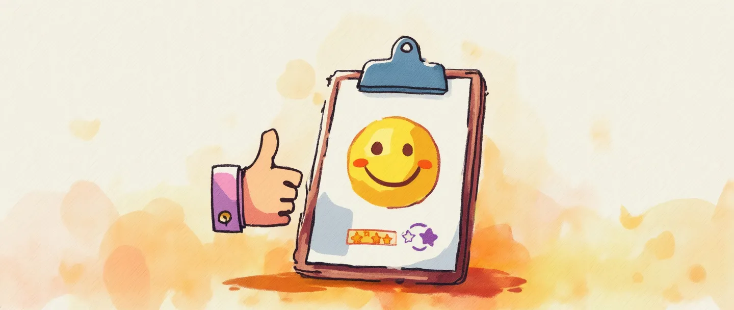 Uma pintura digital em aquarela de um rosto sorridente em uma prancheta com um indicador de porcentagem mostrando 100%. Um simples gesto de polegar para cima ao lado e um pequeno sistema de classificação por estrelas abaixo. Cores limpas e vibrantes com um tema de satisfação. Elementos de fundo mínimos, focando na medição da felicidade do cliente.