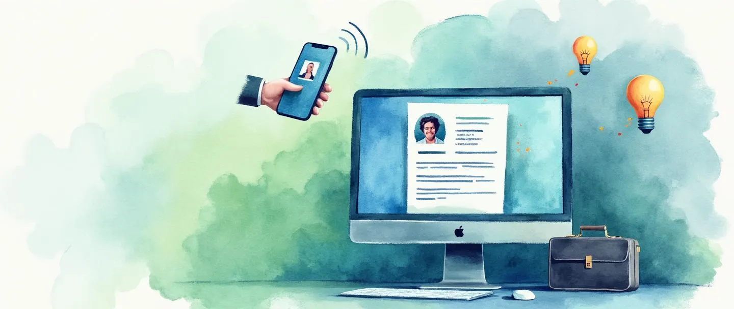 Uma pintura digital em aquarela de uma tela de computador exibindo um currículo, com um ícone de aperto de mãos conectando-se a um smartphone. Uma pasta e uma lâmpada flutuam próximas, sugerindo ideias e oportunidades. Composição simples com tons vibrantes de azul e verde, transmitindo o recrutamento moderno na era digital.