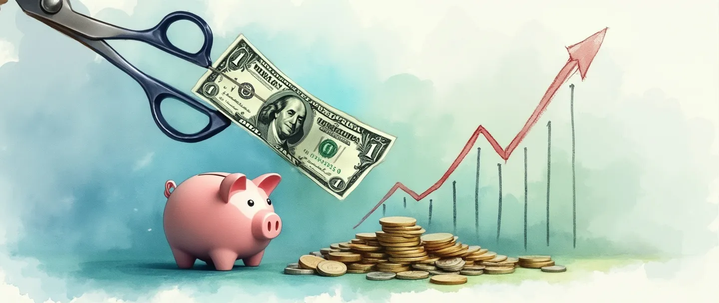 Uma pintura digital em aquarela de uma tesoura cortando uma nota de dólar com um gráfico de tendência descendente ao fundo. Um cofrinho de porquinho está próximo, coletando as moedas que caem. Composição simples com tons suaves de azul e verde, transmitindo redução de custos e economia em um estilo elegante e minimalista.