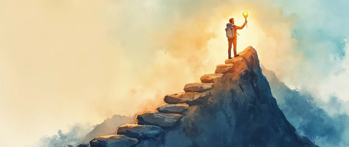 Uma pintura digital em aquarela de uma figura confiante em pé no pico de uma montanha, segurando uma bússola em uma mão e estendendo a outra mão para ajudar outros a subirem. Atrás dela, um caminho estratégico com pedras para pisar leva ao cume, onde uma lâmpada brilhante ilumina a cena. Composição simples com cores quentes e inspiradoras.