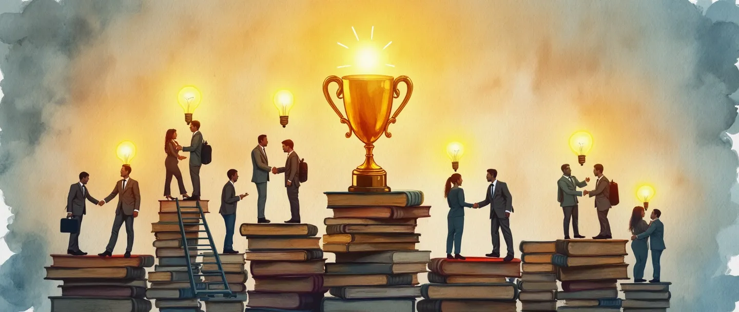 Uma pintura digital em aquarela de silhuetas humanas com lâmpadas brilhantes acima de suas cabeças, em pé sobre livros empilhados. Algumas figuras sobem uma escada em direção a um troféu dourado, enquanto outras apertam as mãos. Composição simples com cores quentes transmitindo conhecimento, crescimento e potencial humano.