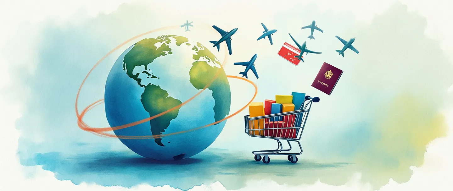 Uma pintura digital em aquarela de um globo com aviões circulando ao seu redor, conectado a um carrinho de compras cheio de pacotes coloridos. Um passaporte e um cartão de crédito flutuam nas proximidades. Composição simples com tons vibrantes de azul e verde, transmitindo a ideia de compras internacionais.