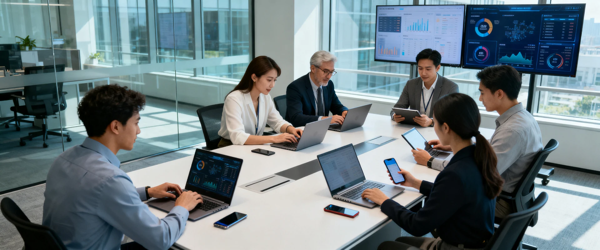 Equipe de negócios diversificada colaborando em mesa de conferência moderna com laptops, tablets e telas digitais exibindo dados, em escritório contemporâneo com iluminação natural - fotografia editorial profissional em alta resolução.