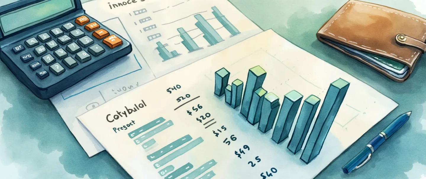 Uma pintura digital em aquarela de um documento organizado com gráficos financeiros e cifrões, ao lado de uma calculadora e uma pequena pilha de faturas. Um gráfico de barras sobe mostrando crescimento, com uma carteira simples próxima. Composição limpa com tons suaves de azul e verde transmitindo organização e relatórios financeiros.