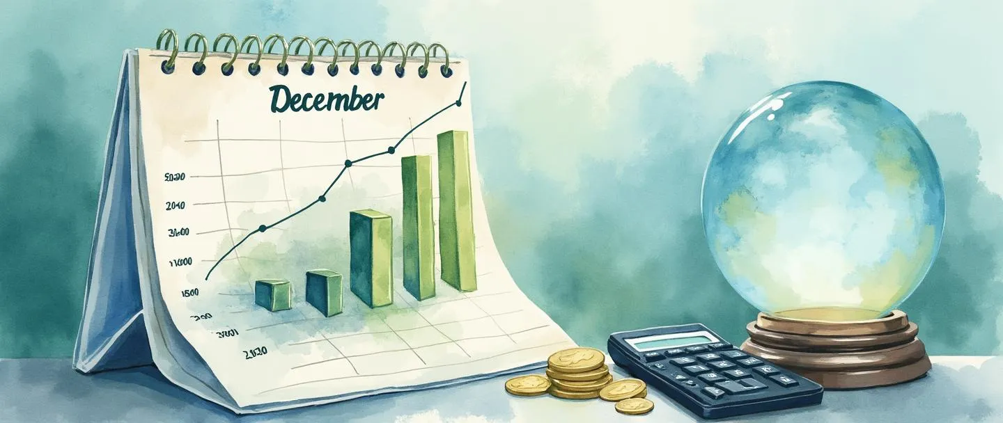 Uma pintura digital em aquarela de um calendário fazendo a transição para dezembro com gráficos financeiros emergindo de suas páginas. Uma calculadora e moedas estão próximas, com uma bola de cristal mostrando os números do próximo ano. Tons suaves de azul e verde criam uma atmosfera de planejamento financeiro profissional, mas acessível.