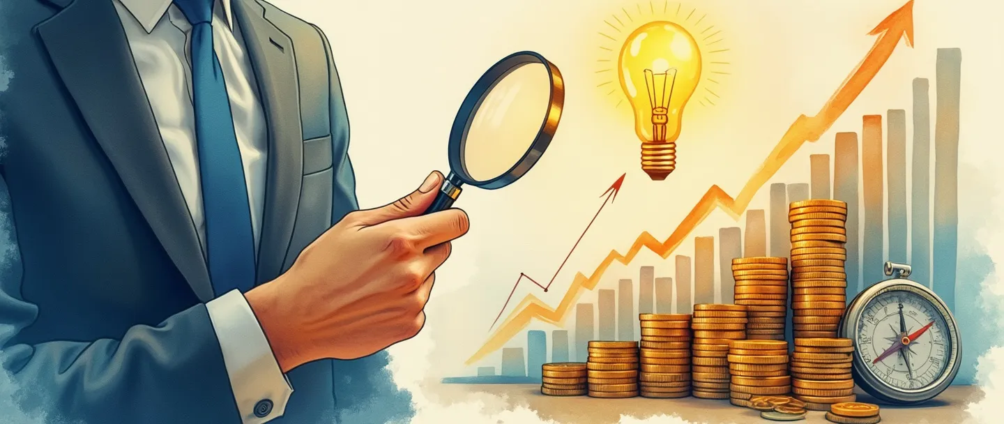Uma pintura digital em aquarela de um profissional de terno analisando gráficos financeiros com uma lupa. Uma lâmpada brilha acima, iluminando pilhas de moedas e um gráfico em crescimento. Uma bússola aponta para uma chave dourada. Composição simples com cores quentes transmitindo orientação financeira e sucesso.