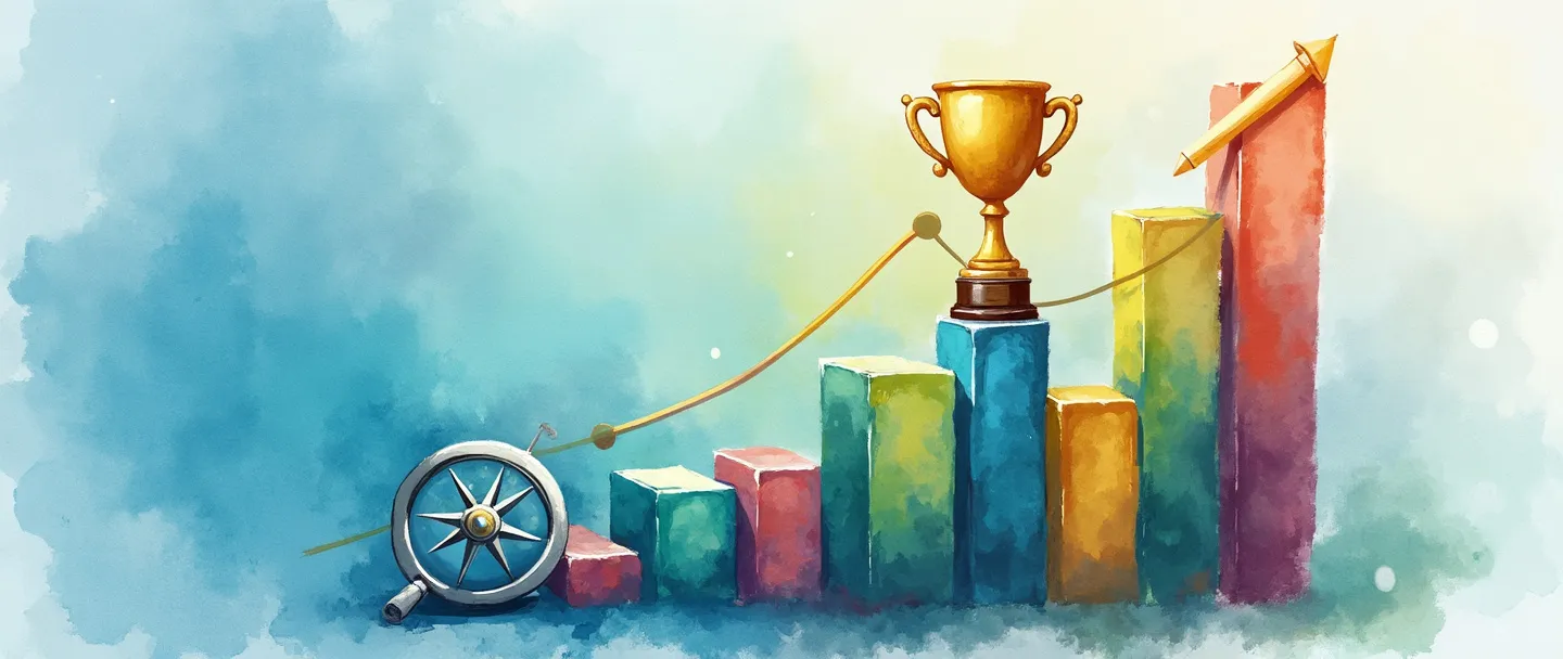 Uma pintura digital em aquarela de um gráfico de barras colorido subindo para cima com um troféu dourado no seu pico. Uma bússola aponta para o gráfico enquanto uma pequena lupa paira sobre pontos-chave de dados. Composição simples com vibrantes tons de azul e verde, transmitindo medição e conquista.