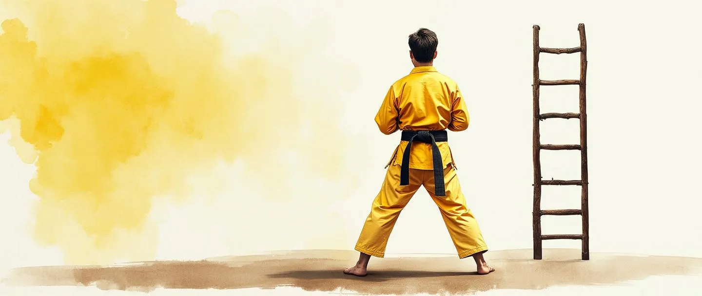Uma pintura digital em aquarela de uma pessoa usando um faixa amarela em posição de artes marciais, com uma escada próxima mostrando a progressão da faixa branca até a faixa preta. A faixa amarela é exibida de forma proeminente em cor brilhante contra um fundo simples, representando um nível intermediário de habilidade. Composição limpa e minimalista com pinceladas suaves.