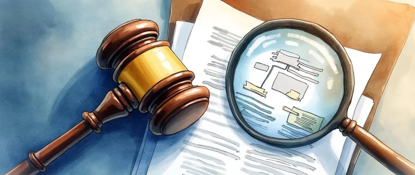 Uma pintura digital em aquarela de um martelo de juiz ao lado de uma pasta aberta com documentos espalhados. Uma lupa paira acima, revelando um fluxograma dentro dos papéis. Composição simples com tons de azul e marrom, transmitindo análise jurídica e exame processual.