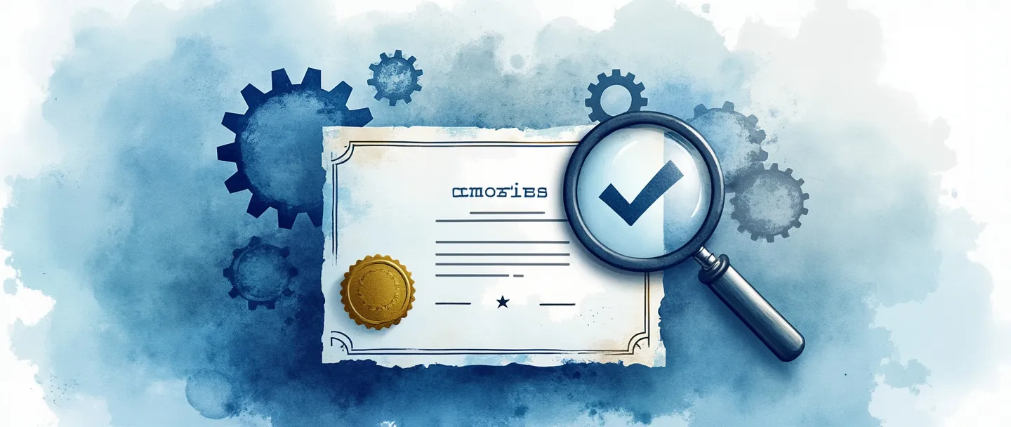 Uma pintura digital em aquarela de um certificado com um selo dourado, cercado por sutis engrenagens de controle de qualidade. Uma lupa paira sobre o certificado, revelando um símbolo de marca de verificação. Composição simples com linhas limpas e tons profissionais de azul. Representação elegante e informativa dos padrões de certificação de qualidade.