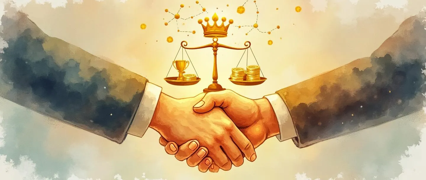 Uma pintura digital em aquarela de um aperto de mãos cercado por uma aura dourada brilhante, com uma balança segurando um troféu e moedas de um lado e um certificado de reputação com um selo de estrela do outro. Uma pequena rede de nós conectados forma uma coroa acima do aperto de mãos. Composição simples com cores quentes e confiáveis.