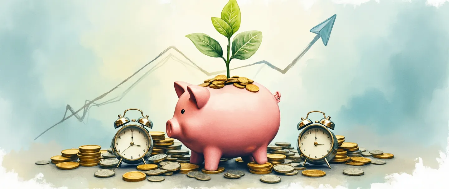 Uma pintura digital em aquarela de um cofre de porquinho com moedas e notas de dinheiro fluindo para dentro dele, cercado por pequenos relógios. Uma planta crescendo com moedas como folhas emerge do cofre, com um gráfico simples ascendente ao fundo. Tons suaves de azul e verde com acentos dourados, transmitindo crescimento e estabilidade financeira.
