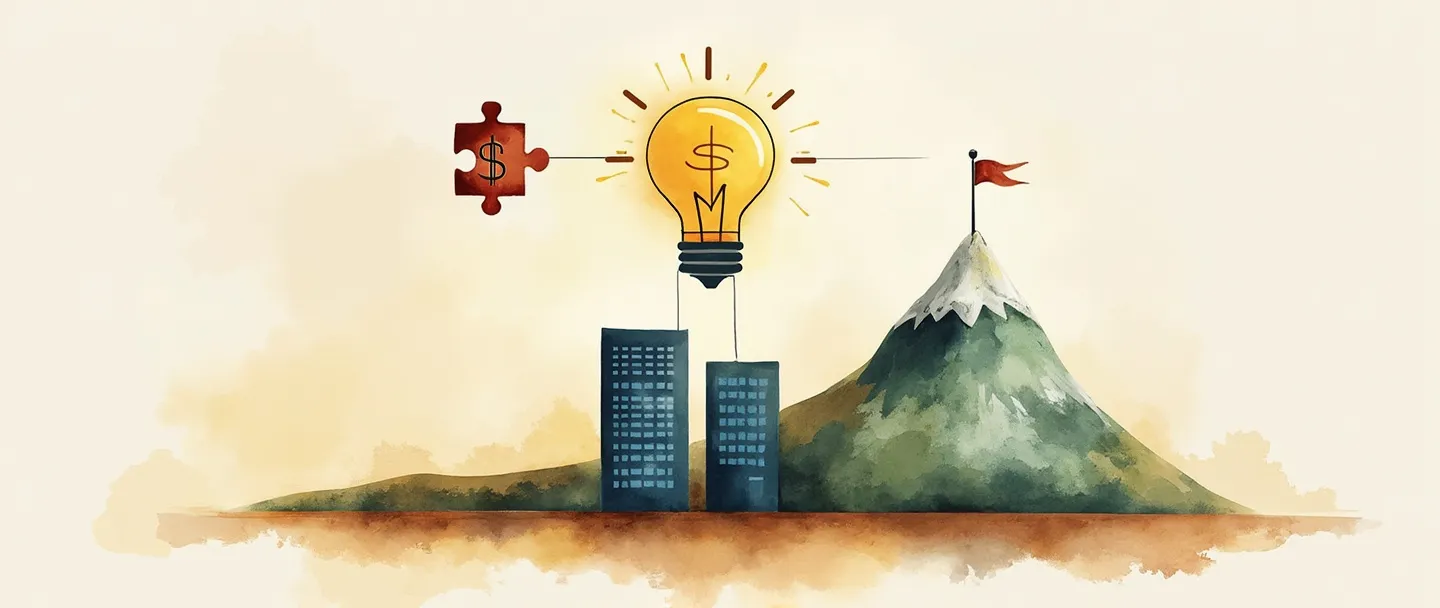 Uma pintura digital em aquarela de uma peça de quebra-cabeça com um cifrão conectando-se a uma lâmpada acima de um edifício empresarial simplificado. Uma pequena bússola aponta para um pico de montanha com uma bandeira no topo. Cores quentes, linhas limpas, detalhes mínimos, mostrando a jornada da criação de valor nos negócios.