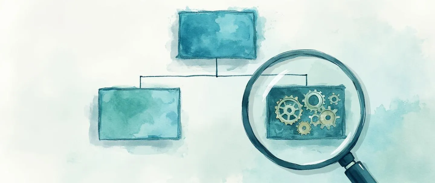 Uma pintura digital em aquarela de um organograma com caixas interconectadas em tons suaves de azul e verde. Uma lupa paira sobre o gráfico, revelando engrenagens dentro de uma das caixas. Linhas hierárquicas simples fluem entre os elementos, criando uma estrutura limpa contra um fundo claro.