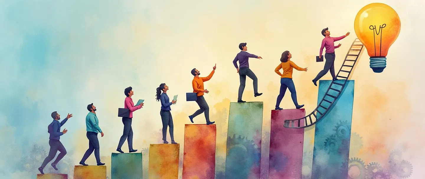 Uma pintura digital em aquarela de trabalhadores de escritório motivados subindo uma escada colorida em direção a uma lâmpada brilhante, com alguns alcançando um troféu no topo. Pequenas engrenagens conectam a escada a um gráfico com tendência ascendente. Composição simples com cores vibrantes transmitindo trabalho em equipe e conquista.