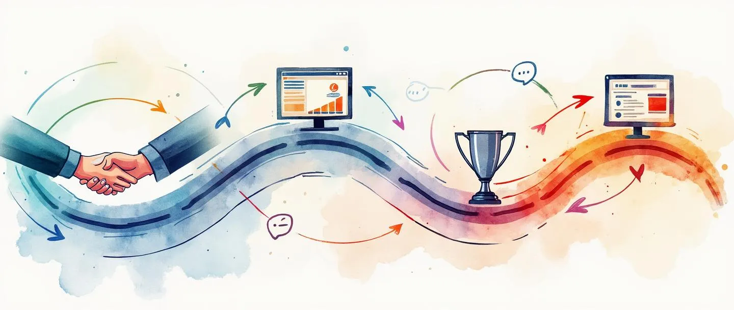 Uma pintura digital em aquarela de uma jornada circular mostrando o ciclo de vida do cliente: começando com um aperto de mãos, fluindo para uma tela de computador, depois para um smartphone com notificações, seguido por um troféu, e finalmente conectando-se de volta ao aperto de mãos. Setas simples e fluidas conectam cada estágio, com um fundo sutil semelhante a uma teia. Cores vibrantes, mas profissionais, composição limpa.