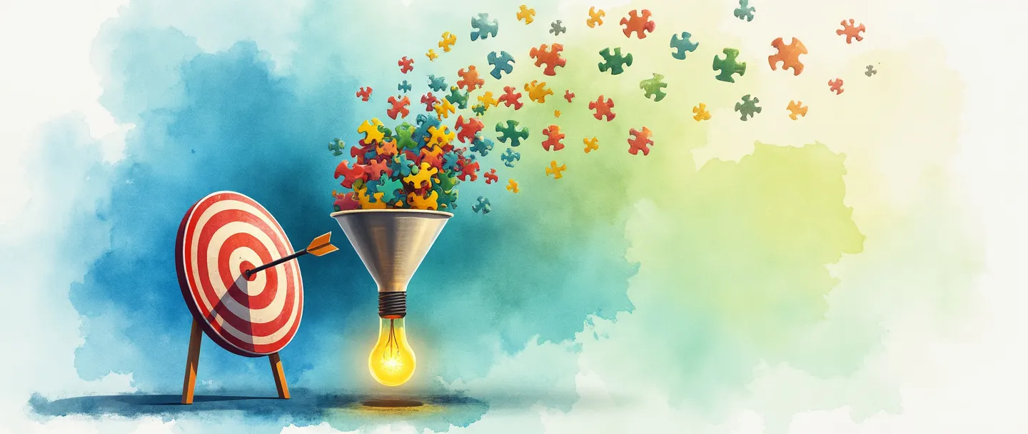 Uma pintura digital em aquarela de um funil coletando peças coloridas de quebra-cabeça no topo e transformando-as em lâmpadas brilhantes na parte inferior. Um alvo com uma flecha no centro está ao lado do funil. Composição simples com vibrantes tons de azul e verde, conceito de crescimento empresarial.