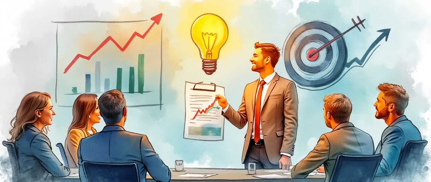 Uma pintura digital em aquarela de uma reunião de negócios com uma pessoa apresentando um documento de briefing de vendas para colegas. Uma lâmpada brilha acima do documento, enquanto um alvo com uma flecha e um gráfico com tendência ascendente são visíveis no fundo. Composição simples com cores vibrantes transmitindo estratégia e sucesso.