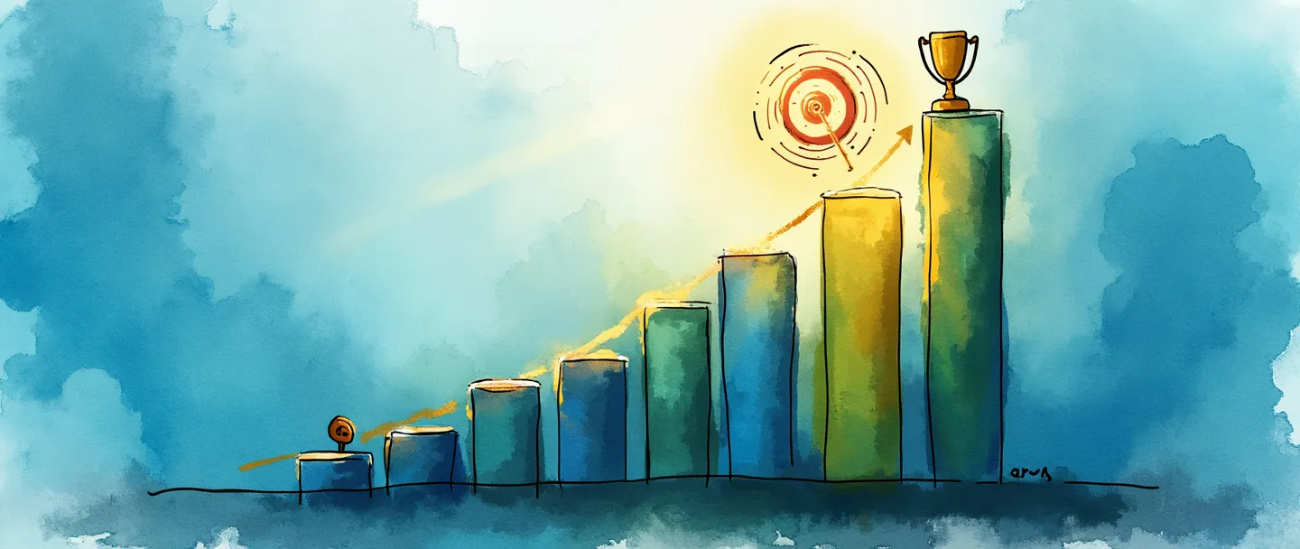 Uma pintura digital em aquarela de um gráfico de barras ascendente com um alvo no centro. Uma chave brilhante desbloqueia a tendência de crescimento enquanto um pequeno troféu repousa no pico. Composição simples com vibrantes tons de azul e verde, transmitindo medição de desempenho e conquista.